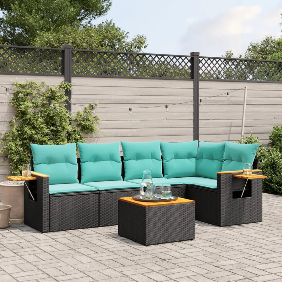 Salon de jardin 6 pcs avec coussins noir résine tressée