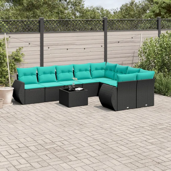 Ensemble de canapé de jardin 10 pcs avec coussins noir résine tressée