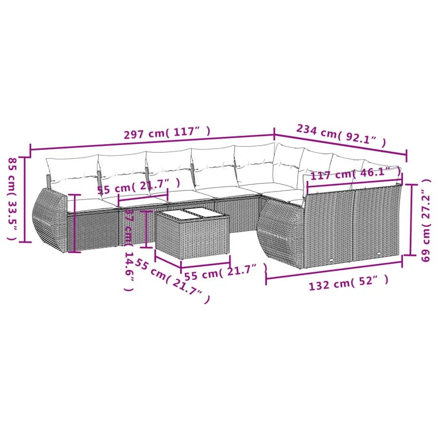 Ensemble de canapé de jardin 10 pcs avec coussins noir résine tressée - 8