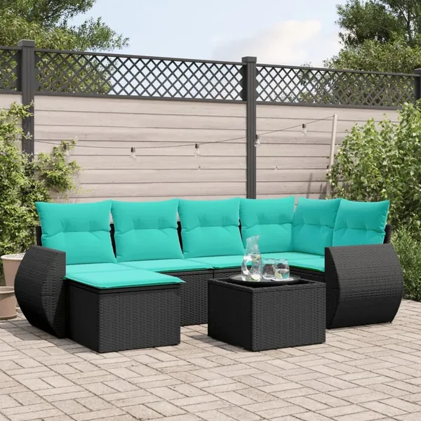 Ensemble de canapé de jardin 7 pcs avec coussins noir résine tressée