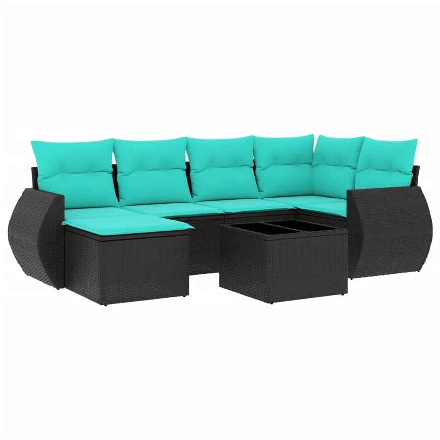 Ensemble de canapé de jardin 7 pcs avec coussins noir résine tressée - 2