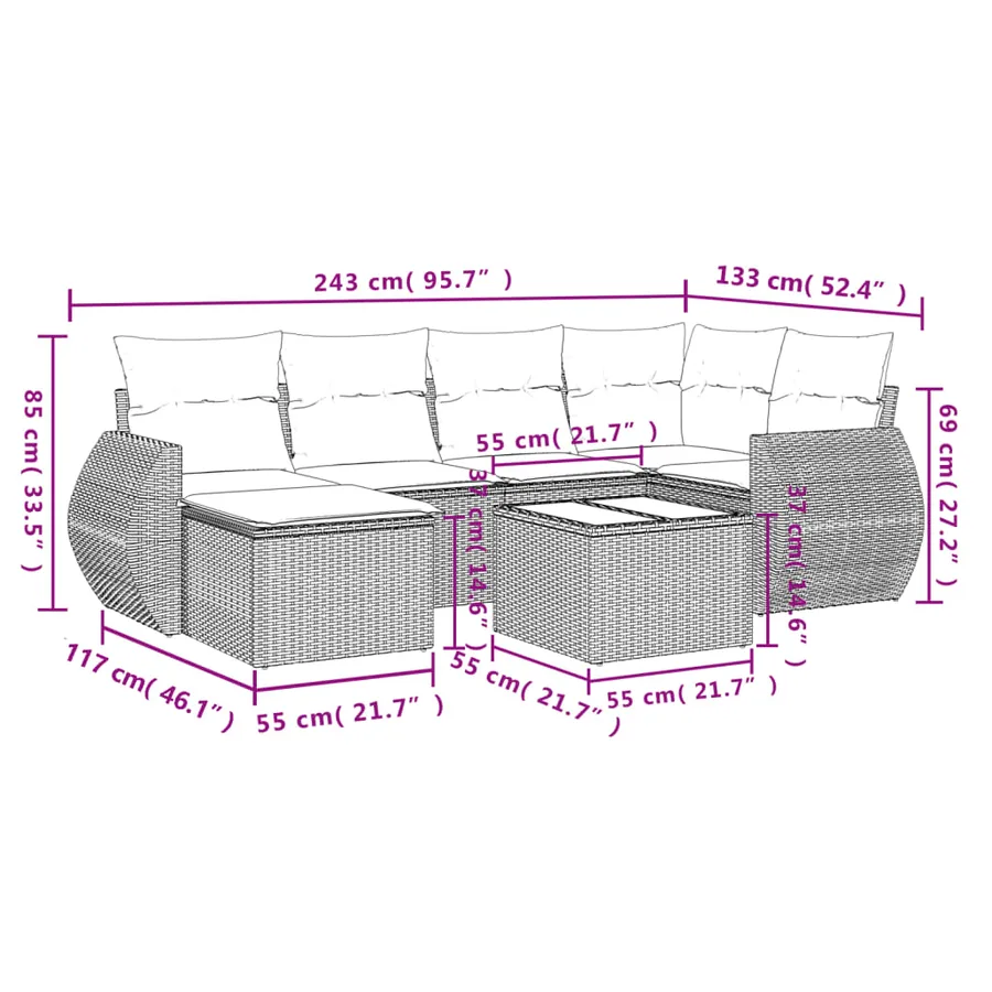 Ensemble de canapé de jardin 7 pcs avec coussins noir résine tressée - 8