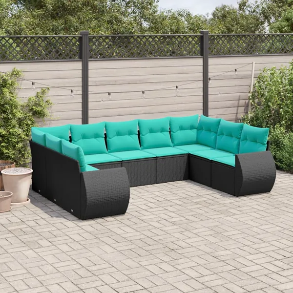 Salon de jardin 9 pcs avec coussins noir résine tressée