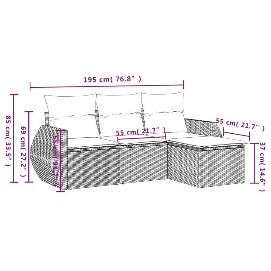 Salon de jardin 4 pcs avec coussins noir résine tressée - 7