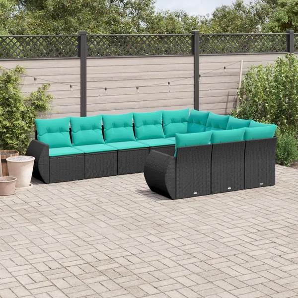 Salon de jardin 10 pcs avec coussins noir résine tressée