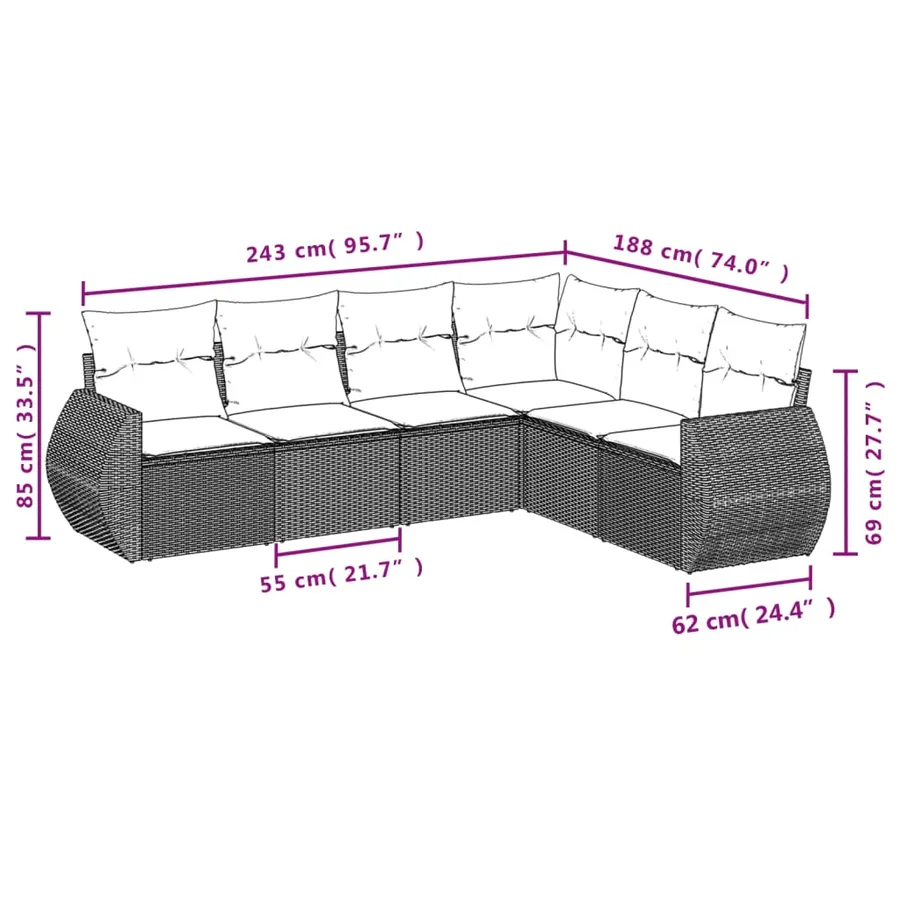 Salon de jardin 6 pcs avec coussins noir résine tressée - 7