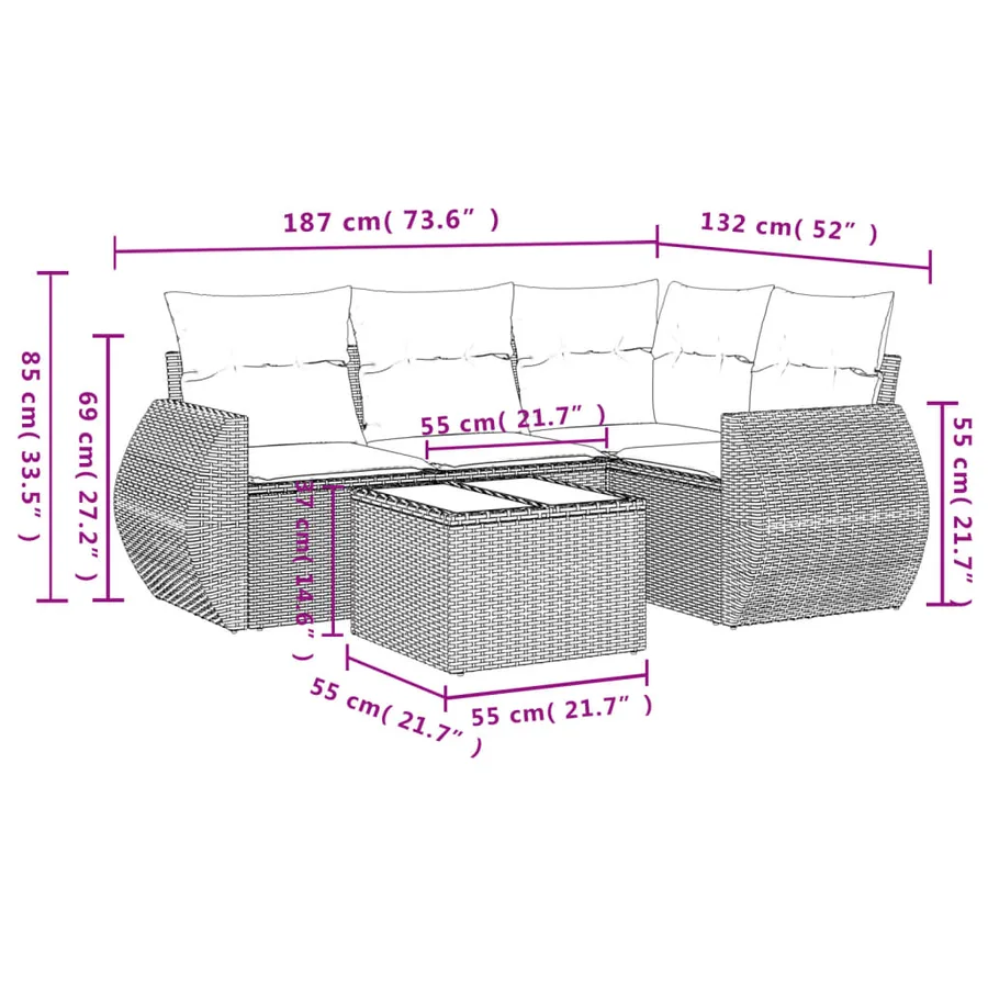 Ensemble de canapé de jardin 5 pcs avec coussins noir résine tressée - 8