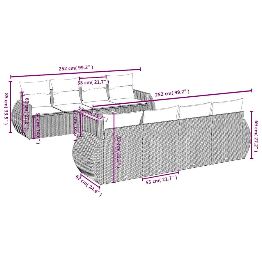 Ensemble de canapé de jardin 9 pcs avec coussins noir résine tressée - 8