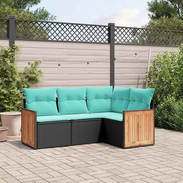 Salon de jardin 4 pcs avec coussins noir résine tressée