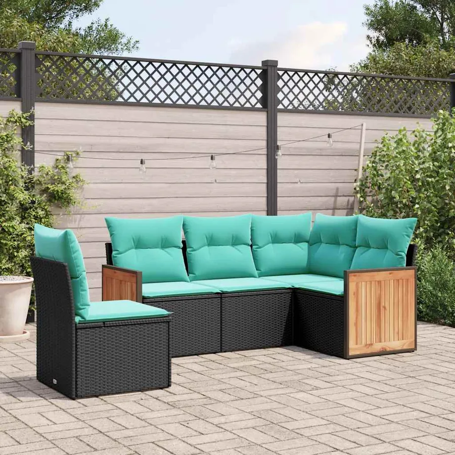 Salon de jardin 5 pcs avec coussins noir résine tressée