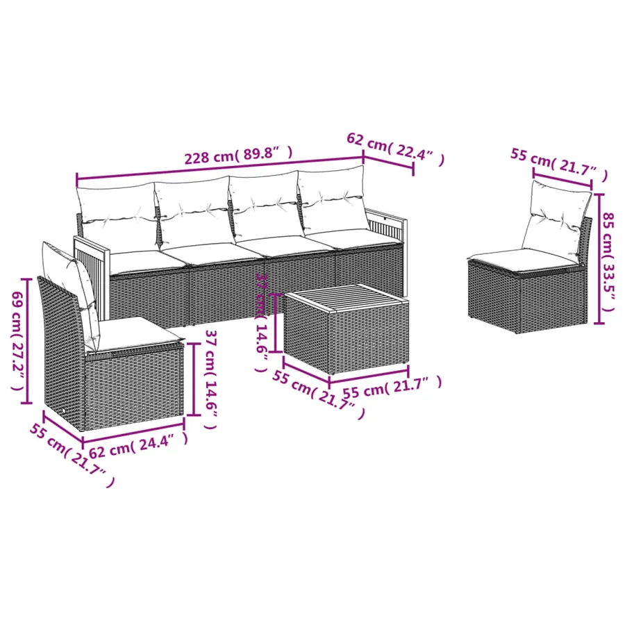 Ensemble de canapé de jardin 7 pcs avec coussins noir résine tressée - 7