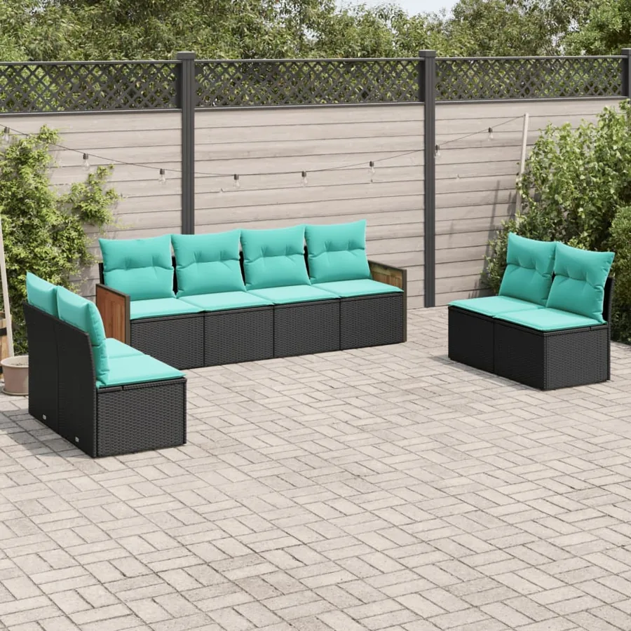 Salon de jardin 8 pcs avec coussins noir résine tressée