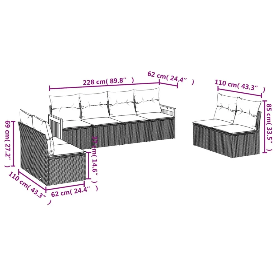 Salon de jardin 8 pcs avec coussins noir résine tressée - 6