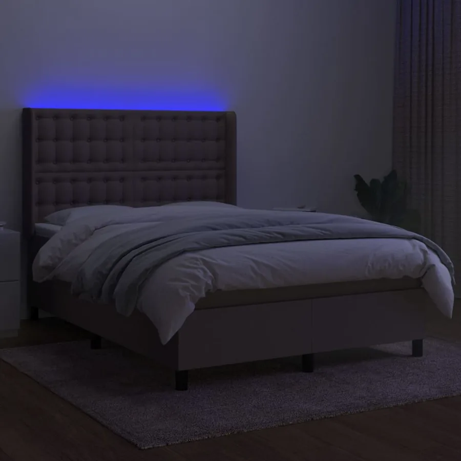 Sommier à lattes de lit matelas et LED Taupe 140x190 cm Tissu - 3