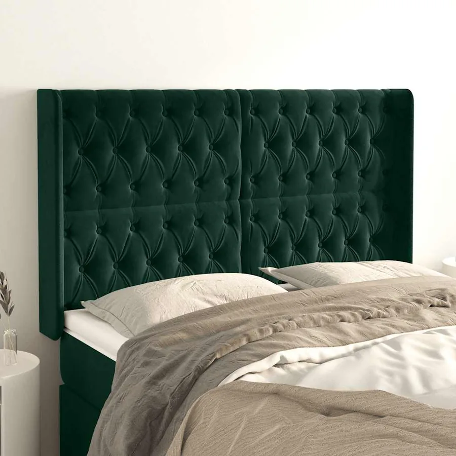 Tête de lit avec oreilles Vert foncé 163x16x118/128 cm Velours