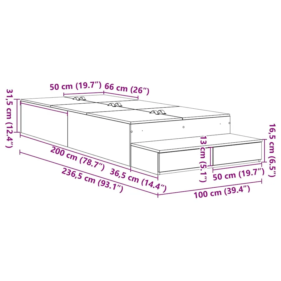 Cadre de lit avec rangement avec tiroir Bois Ancien 100 cm - 12