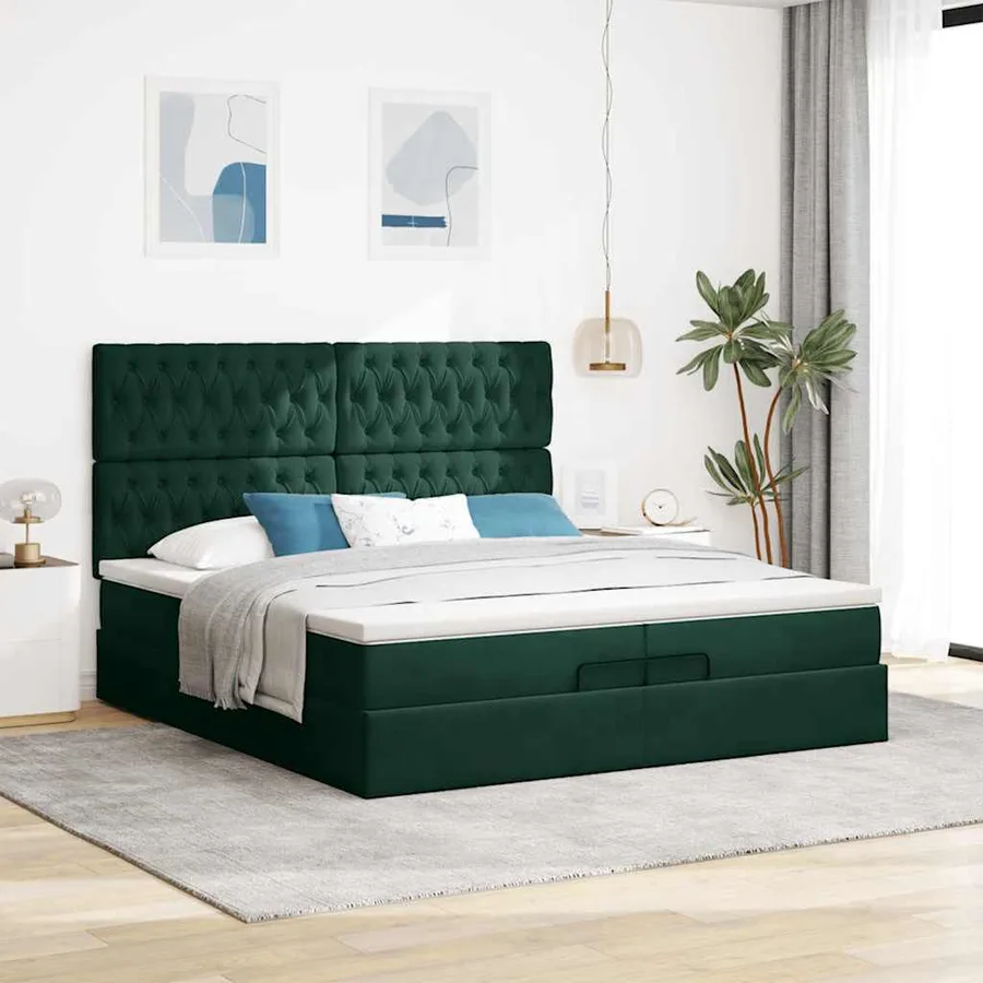 Cadre de lit ottoman avec matelas vert foncé 200x200 cm velours - 3