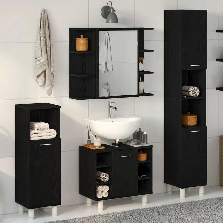 Ensemble de mobilier de salle de bain avec étagère 4 pcs Noir