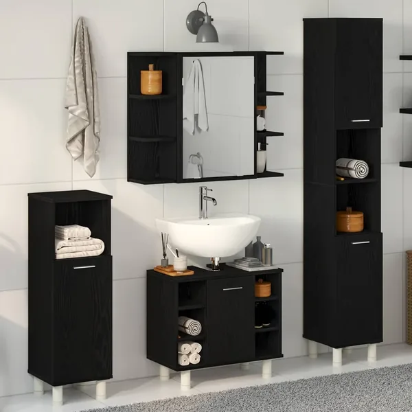Ensemble de mobilier de salle de bain avec étagère 4 pcs Noir