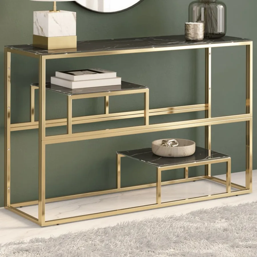 Table console doré acier inoxydable et verre trempé
