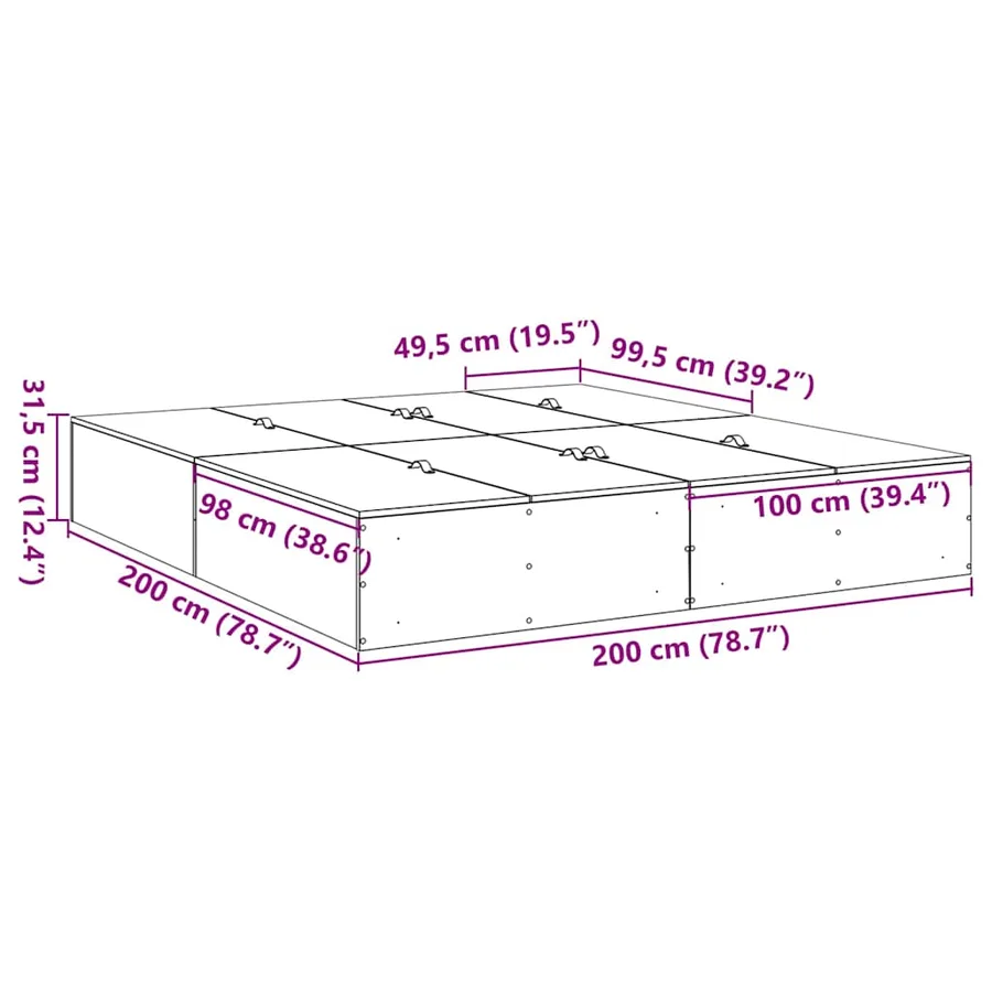 Cadre de lit avec rangement Gris Sonoma 200 x 200 cm - 14