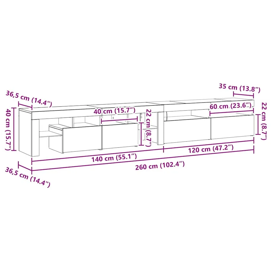 Meuble TV 2 pcs Chêne noir 260 x 37 x 40 cm Bois d'ingénierie - 16