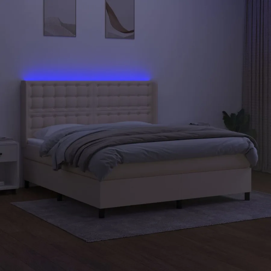 Sommier à lattes de lit matelas et LED Crème 160x200 cm Tissu - 3