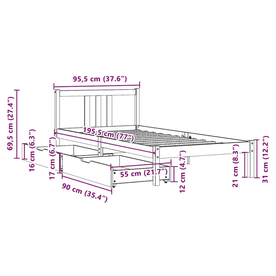 Cadre de lit sans matelas 90x190 cm bois de pin massif - 11