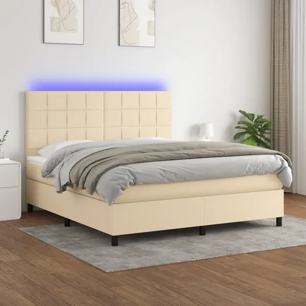 Sommier à lattes de lit et matelas et LED Crème 180x200cm Tissu