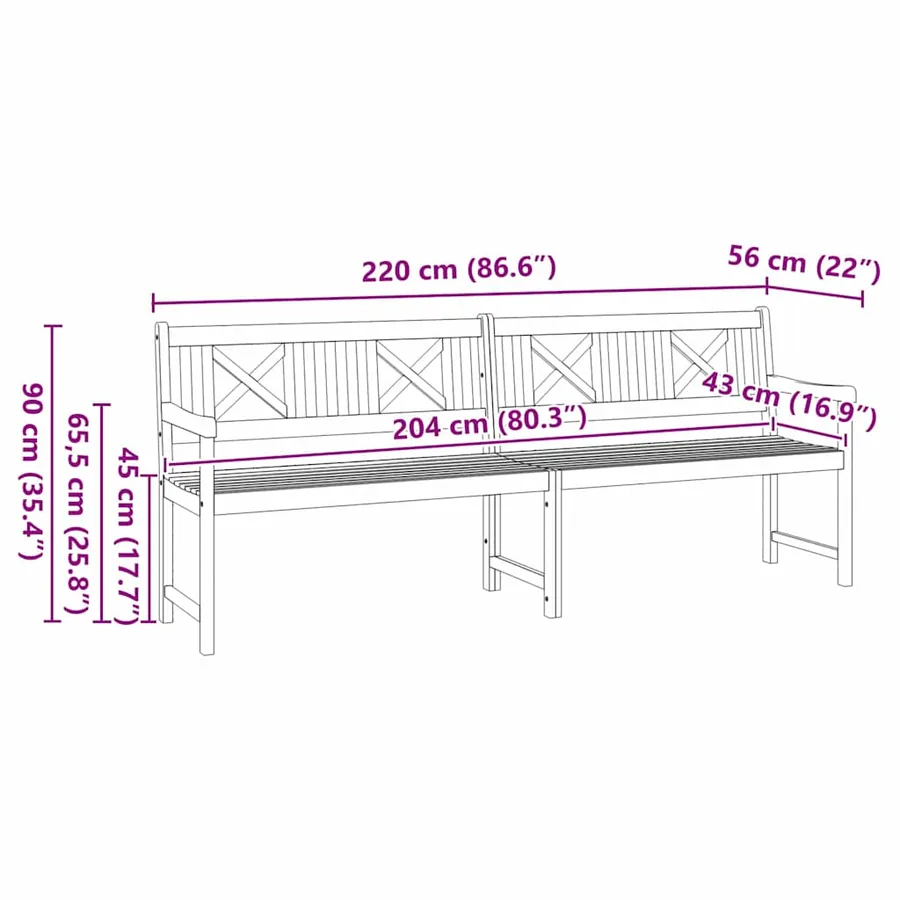 Banc extérieur Naturel 220 x 56 x 90 cm Bois d'Acacia Massif - 8