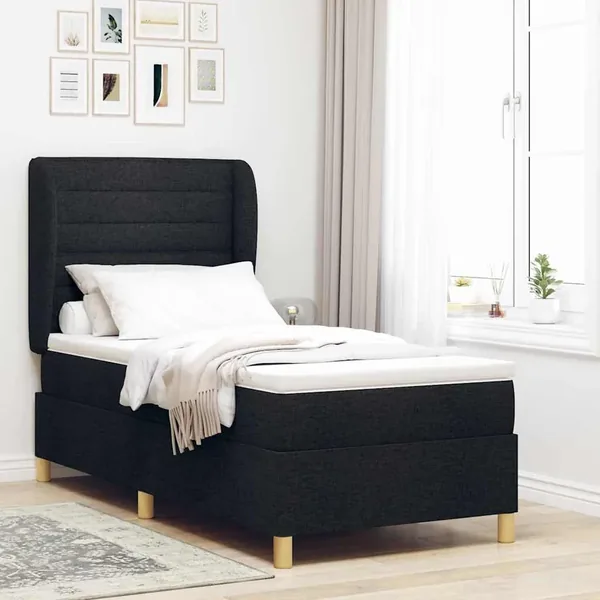 Lit à ressorts avec matelas Noir 190 x 90 cm tissu