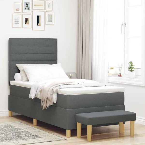Lit à ressorts avec tête de lit Gris foncé 200 x 90 cm tissu