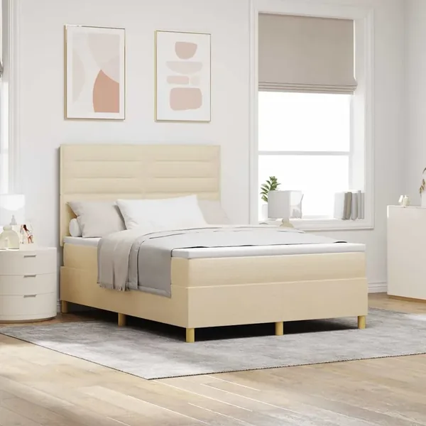 Lit à ressort LED avec matelas Crème 140 x 190 cm tissu