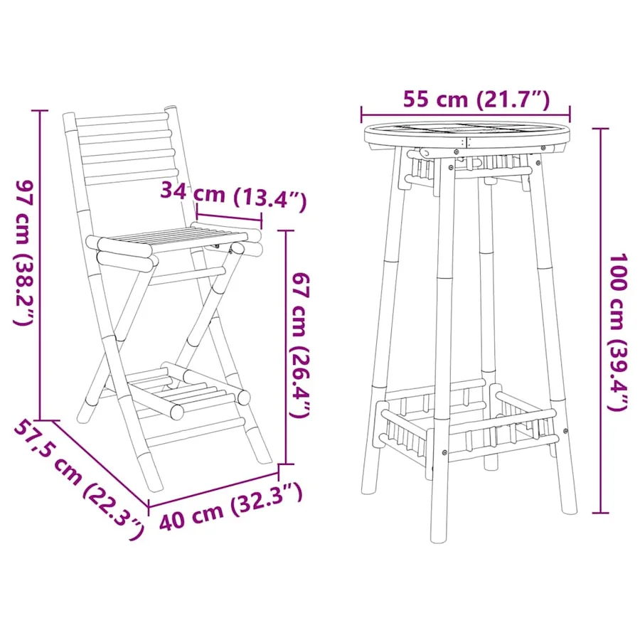 Ensemble de bar d'extérieur pliable en bambou 3 pcs - 12