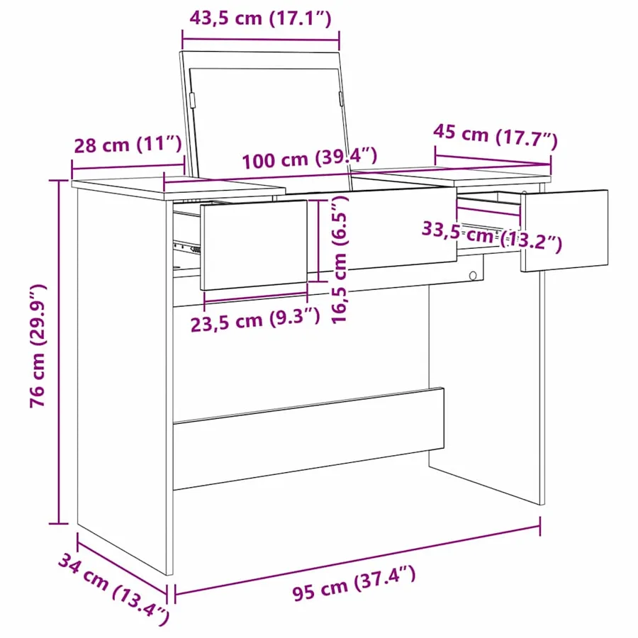 Table de cosmétiques Chêne artisanal 100 x 45 x 76 cm - 13