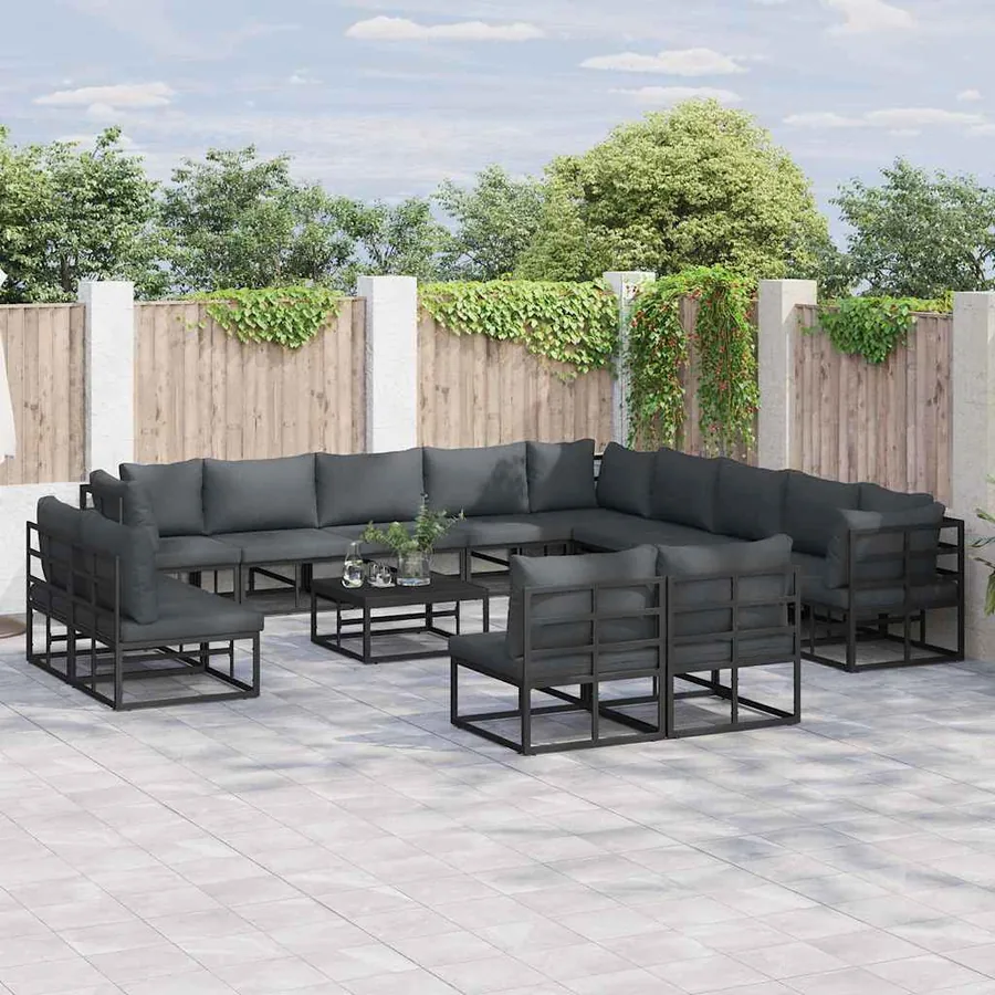 Ensemble de canapé de jardin avec coussin 14 pcs Noir Aluminium