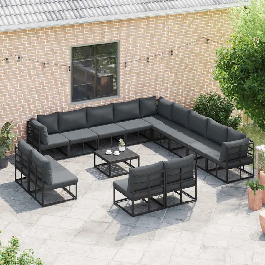 Ensemble de canapé de jardin avec coussin 14 pcs Noir Aluminium - 3