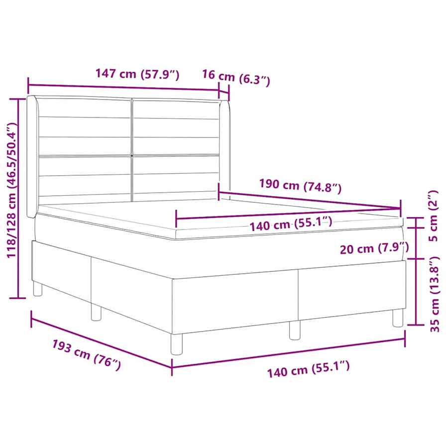 Lit à ressorts avec matelas Noir 140 x 190 cm tissu - 11