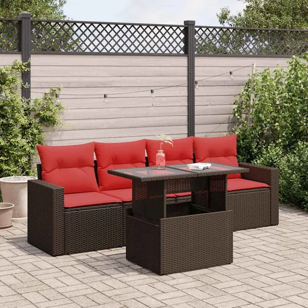 Salon de jardin avec coussins 5pcs marron résine tressée acacia