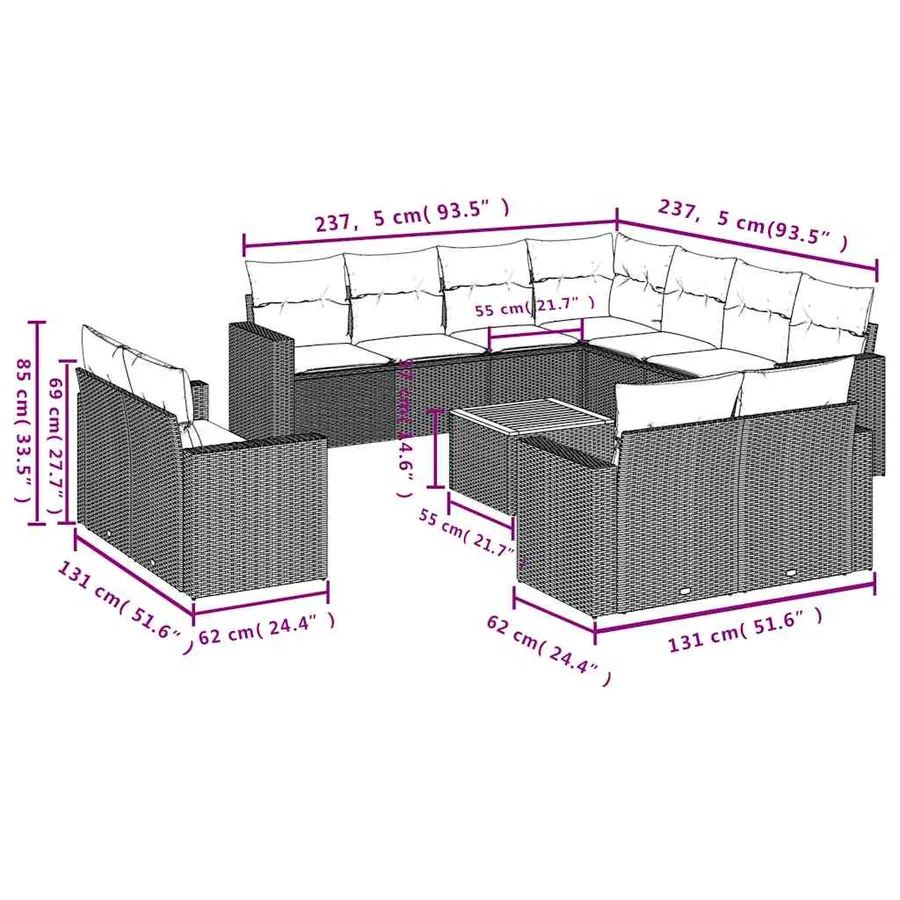 Salon de jardin avec coussins 12 pcs gris résine tressée - 12
