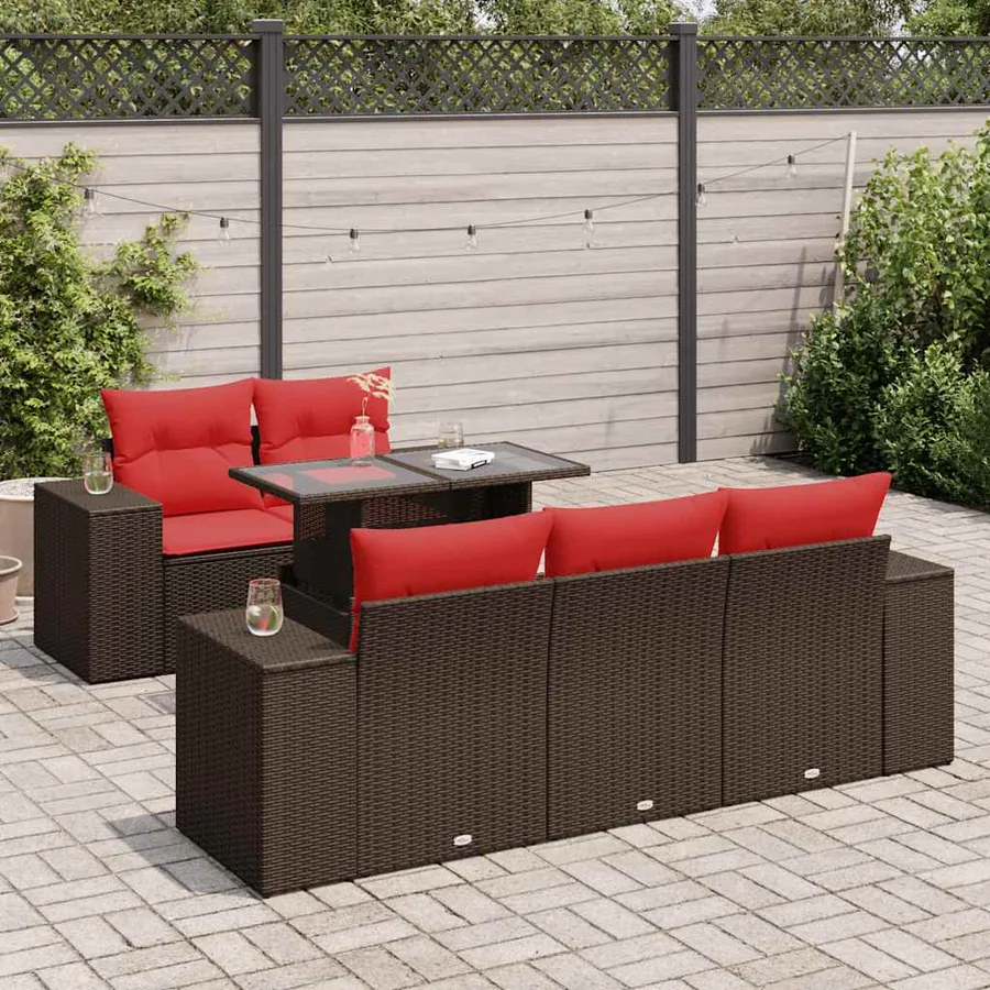 Salon de jardin avec coussins 6pcs marron résine tressée acacia