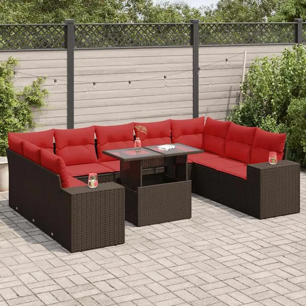 Salon de jardin 10 pcs et coussins marron résine tressée acacia