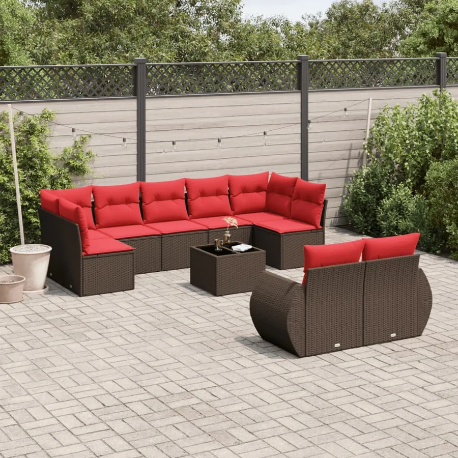Ensemble de canapé de jardin 10 pcs avec coussins marron résine tressée