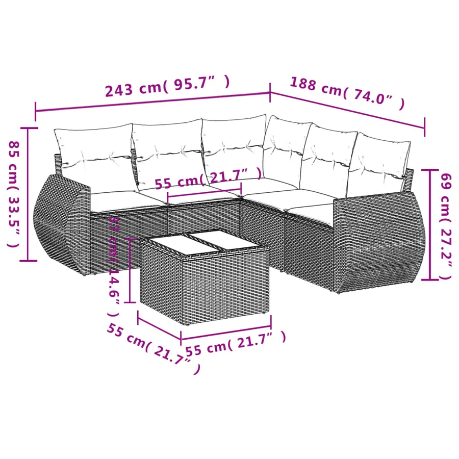 Ensemble de canapé de jardin 6 pcs avec coussins marron résine tressée - 8