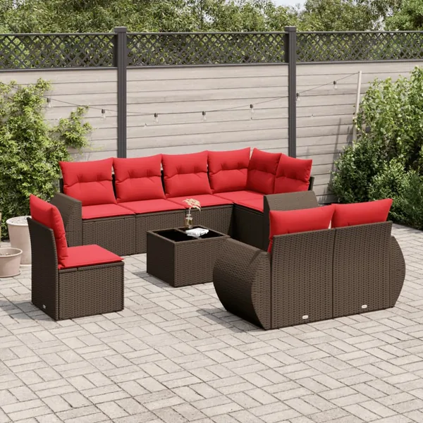 Ensemble de canapé de jardin 9 pcs avec coussins marron résine tressée