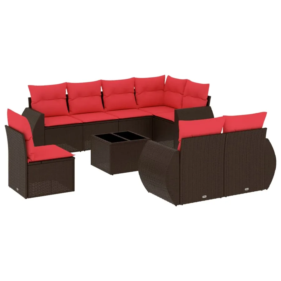 Ensemble de canapé de jardin 9 pcs avec coussins marron résine tressée - 2