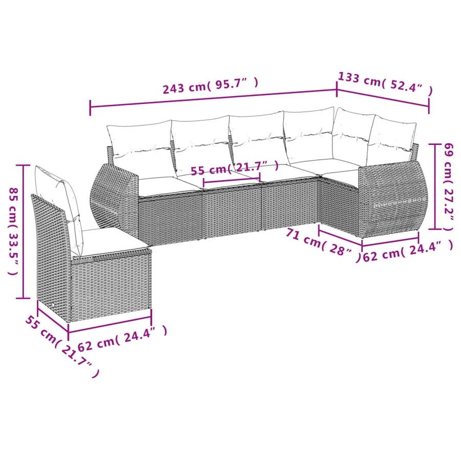 Ensemble de canapé de jardin 6 pcs avec coussins marron résine tressée - 7