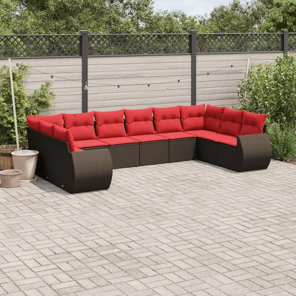 Ensemble de canapé de jardin 10 pcs avec coussins marron résine tressée