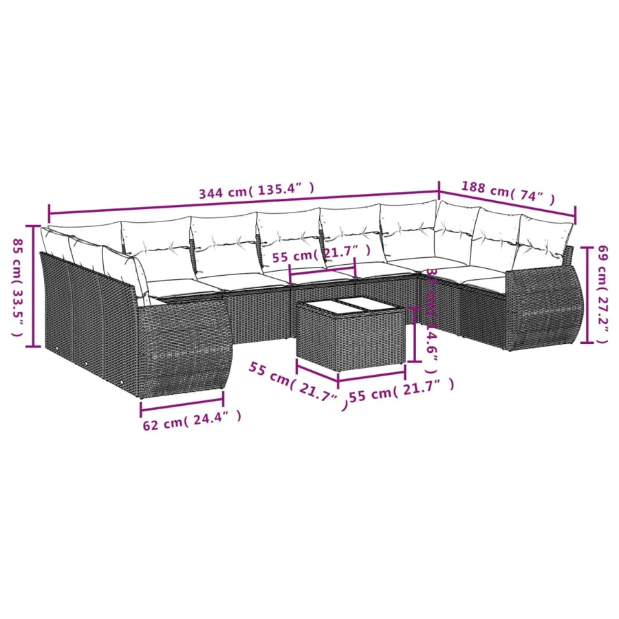 Ensemble de canapé de jardin 10 pcs avec coussins marron résine tressée - 7