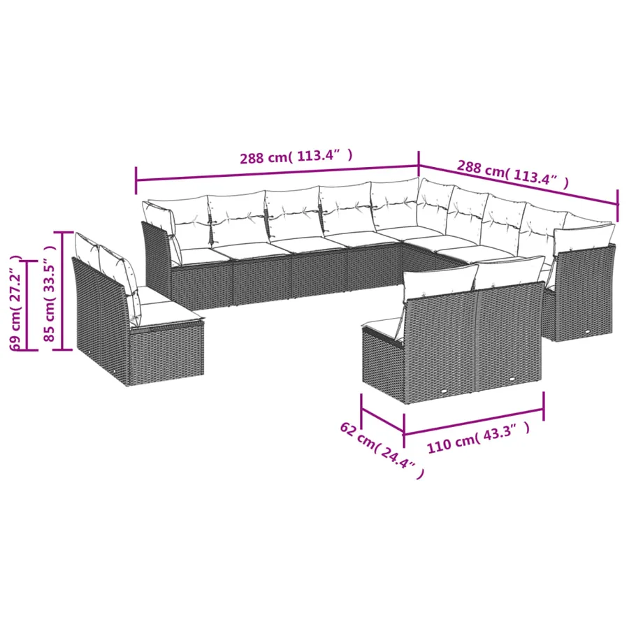 Ensemble de canapé de jardin 13 pcs avec coussins gris résine tressée - 6
